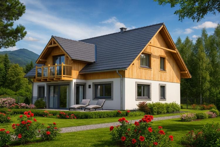 Projekt domu drewnianego L-70 "DOM WESOŁA" - wizualizacja